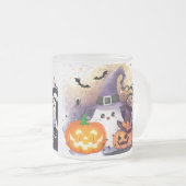 かわいいハロウィンの幽霊と魔女の帽子とカボチャ フロストグラスマグカップ (正面右)