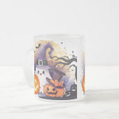 かわいいハロウィンの幽霊と魔女の帽子とカボチャ フロストグラスマグカップ (正面左)