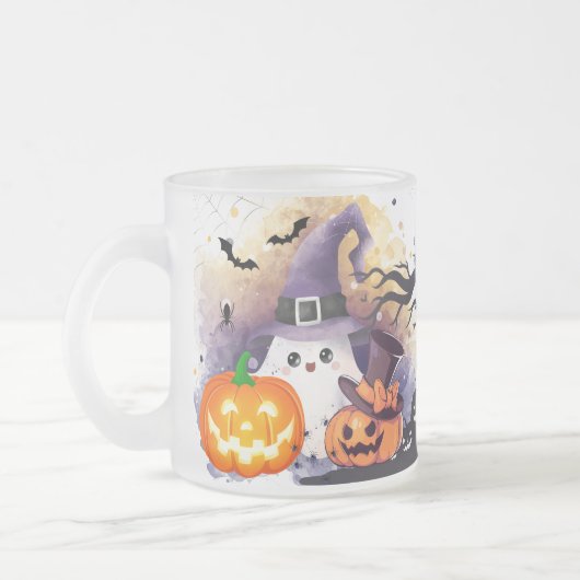 かわいいハロウィンの幽霊と魔女の帽子とカボチャ フロストグラスマグカップ (左)