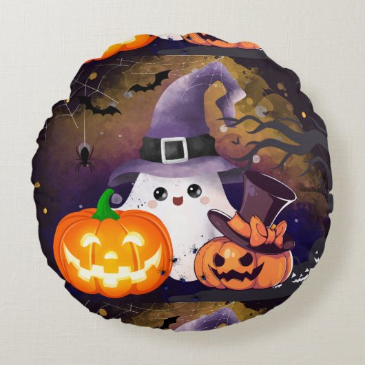 かわいいハロウィンの幽霊と魔女の帽子とカボチャ ラウンドクッション (正面)