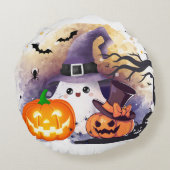 かわいいハロウィンの幽霊と魔女の帽子とカボチャ ラウンドクッション (裏面)