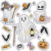 かわいいハロウィンの幽霊と魔女の帽子ランタンとコウモリ シール (正面)