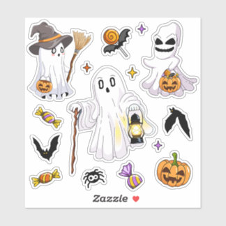 かわいいハロウィンの幽霊と魔女の帽子ランタンとコウモリ シール
