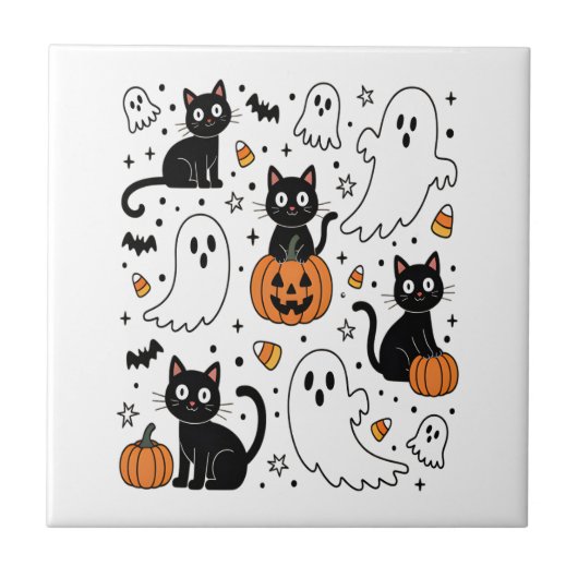 かわいいハロウィンの幽霊にゃんこ タイル (正面)