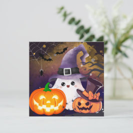 かわいいハロウィンの幽霊の魔法使いの帽子とカボチャ 招待状