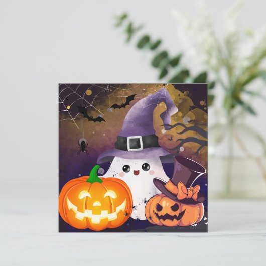 かわいいハロウィンの幽霊の魔法使いの帽子とカボチャ 招待状 (スタンド正面)