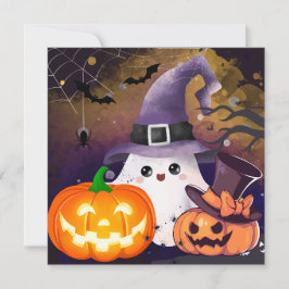 かわいいハロウィンの幽霊の魔法使いの帽子とカボチャ 招待状