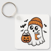 かわいいハロウィンの幽霊オレンジ色のビーニー帽秋の精神 キーホルダー (正面)