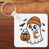 かわいいハロウィンの幽霊オレンジ色のビーニー帽秋の精神 キーホルダー (正面)