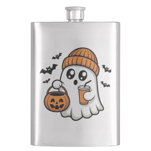 かわいいハロウィンの幽霊オレンジ色のビーニー帽秋の精神 フラスク (正面)