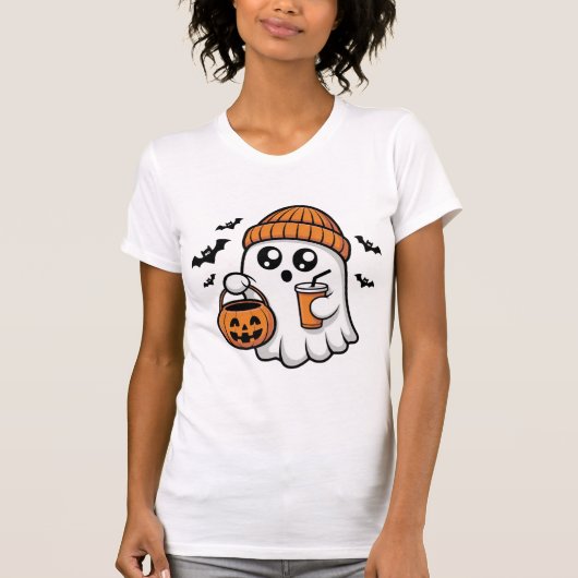 かわいいハロウィンの幽霊オレンジ色のビーニー帽秋の精神 Tシャツ (正面)