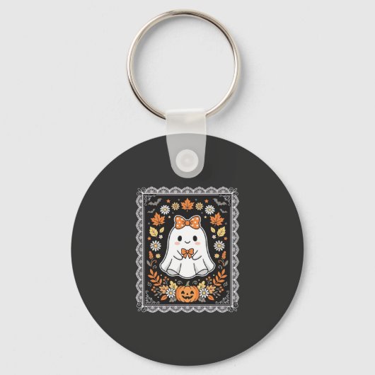 かわいいハロウィンの幽霊カボチャの花のTシャツデザイン キーホルダー (正面)