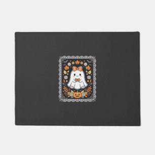 かわいいハロウィンの幽霊カボチャの花のTシャツデザイン ドアマット