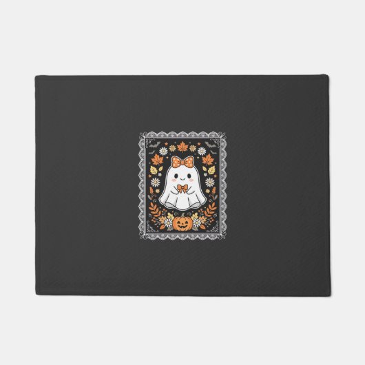 かわいいハロウィンの幽霊カボチャの花のTシャツデザイン ドアマット (正面)