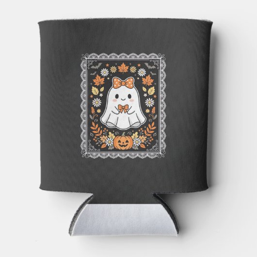 かわいいハロウィンの幽霊カボチャの花のTシャツデザイン 缶クーラー (正面)