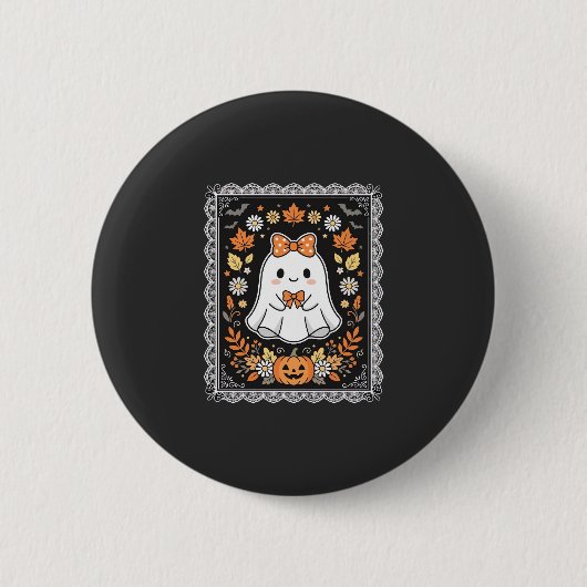 かわいいハロウィンの幽霊カボチャの花のTシャツデザイン 缶バッジ (正面)
