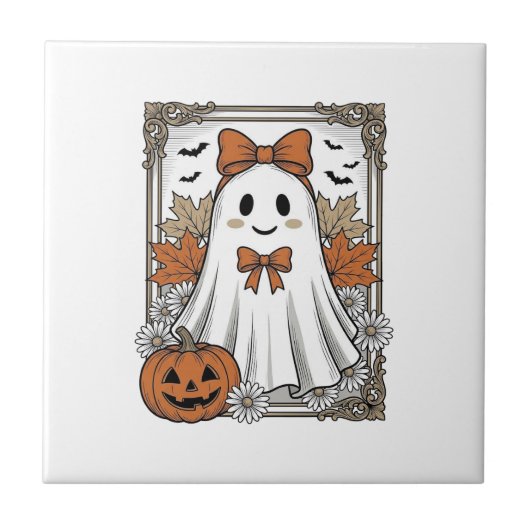 かわいいハロウィンの幽霊 ビンテージの彫刻Tシャツ デザイン タイル (正面)