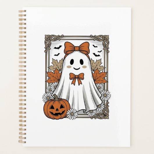 かわいいハロウィンの幽霊 ビンテージの彫刻Tシャツ デザイン プランナー手帳 (正面)