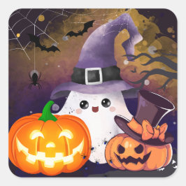 かわいいハロウィンの幽霊、魔女の帽子とカボチャ スクエアシール