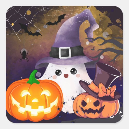 かわいいハロウィンの幽霊、魔女の帽子とカボチャ スクエアシール (正面)