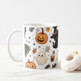 かわいいハロウィンの水彩パターン ブラックキャット コーヒーマグカップ