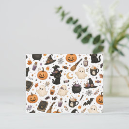 かわいいハロウィンの水彩パターン ブラックキャット シーズンポストカード