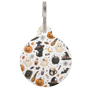 かわいいハロウィンの水彩パターン ブラックキャット ペット ネームタグ
