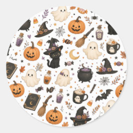 かわいいハロウィンの水彩パターン ブラックキャット ラウンドシール