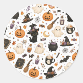 かわいいハロウィンの水彩パターン ブラックキャット ラウンドシール