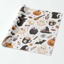 かわいいハロウィンの水彩パターン ブラックキャット ラッピングペーパー