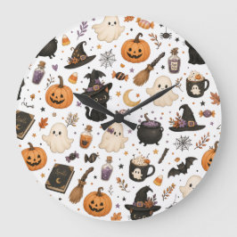 かわいいハロウィンの水彩パターン ブラックキャット ラージ壁時計