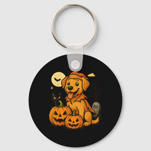 かわいいハロウィンの犬とカボチャと黒猫 キーホルダー (正面)