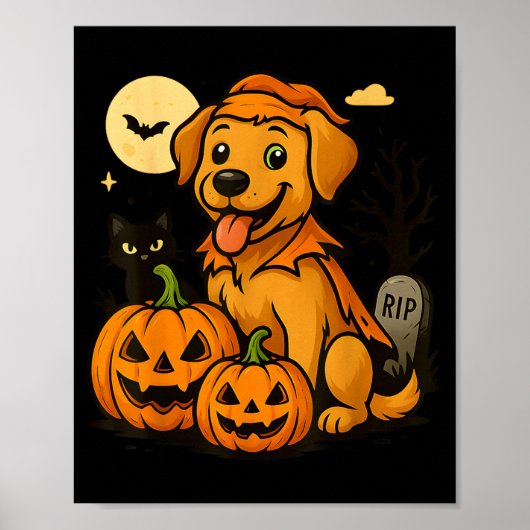 かわいいハロウィンの犬とカボチャと黒猫 ポスター (正面)