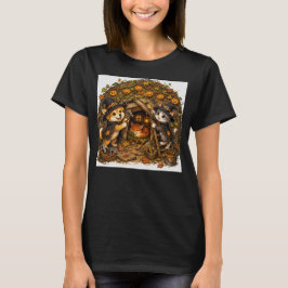かわいいハロウィンの犬と猫が快適なキツネを修理しています Tシャツ