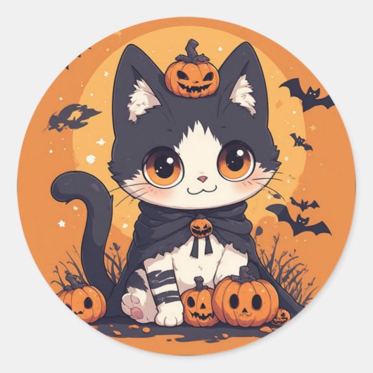 かわいいハロウィンの猫とカボチャとコウモリ ラウンドシール (正面)