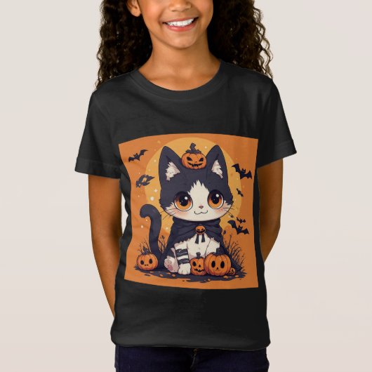 かわいいハロウィンの猫とカボチャとコウモリ Tシャツ (正面)
