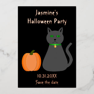かわいいハロウィンの猫とカボチャのSave the Date 箔シーズンカード