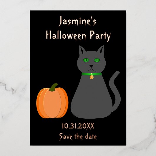 かわいいハロウィンの猫とカボチャのSave the Date 箔シーズンカード (正面)