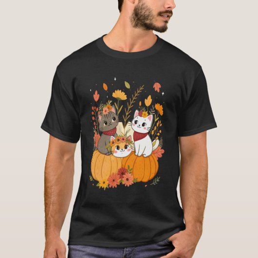 かわいいハロウィンの猫とカボチャ レトロ＆秋の花 Tシャツ (正面)