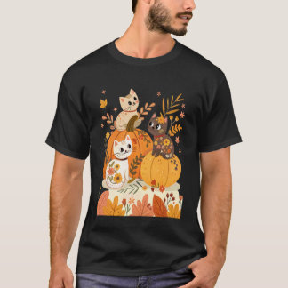 かわいいハロウィンの猫とカボチャ レトロ＆秋の花 Tシャツ