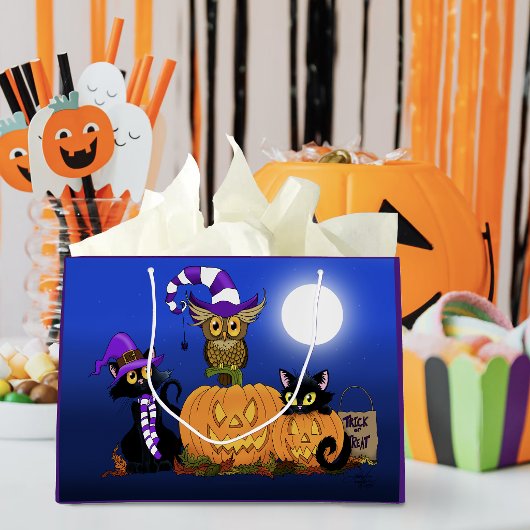 かわいいハロウィンの猫とフクロウ ラージペーパーバッグ