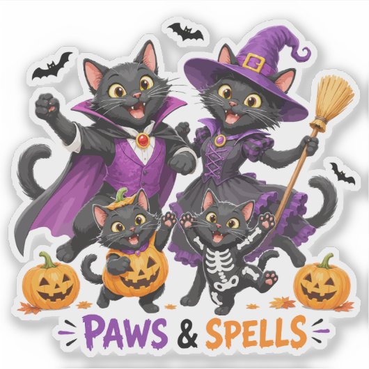 かわいいハロウィンの猫の肉球と魔法 シール (正面)