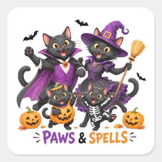 かわいいハロウィンの猫の肉球と魔法 スクエアシール (正面)