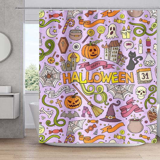 かわいいハロウィンの落書きパターン シャワーカーテン