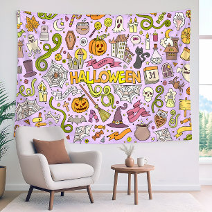 かわいいハロウィンの落書きパターン タペストリー