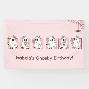 かわいいハロウィンの誕生日バナー - ピンクのオバケ 横断幕