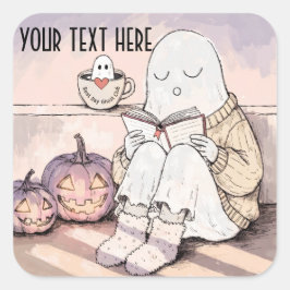 かわいいハロウィンの読書ゴーストのあったかアート オートムンブッククラブ スクエアシール