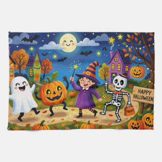 かわいいハロウィンの近所のパーティーゴーストと魔女 キッチンタオル