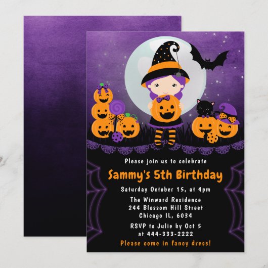 かわいいハロウィンの魔女とカボチャの誕生日パーティー 招待状 (正面/裏面)