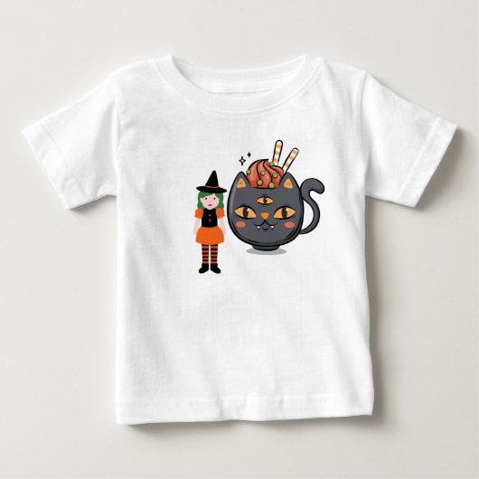 かわいいハロウィンの魔女と三つ目の猫のマグカップ ベビーTシャツ (正面)